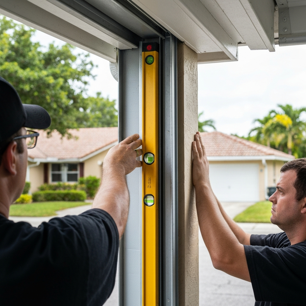 Garage door repair professionals using a level to ensure plumb installation