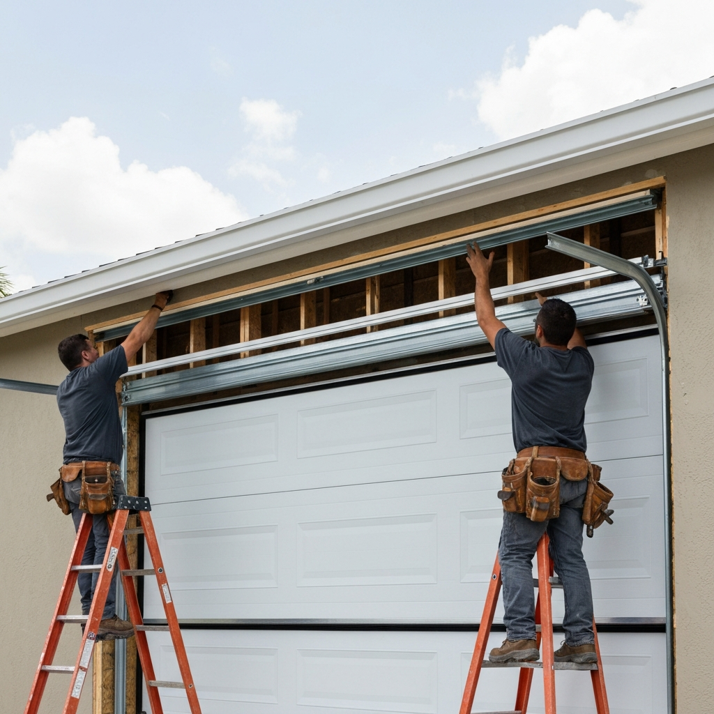 Workers installing a new garage door system on ladders.