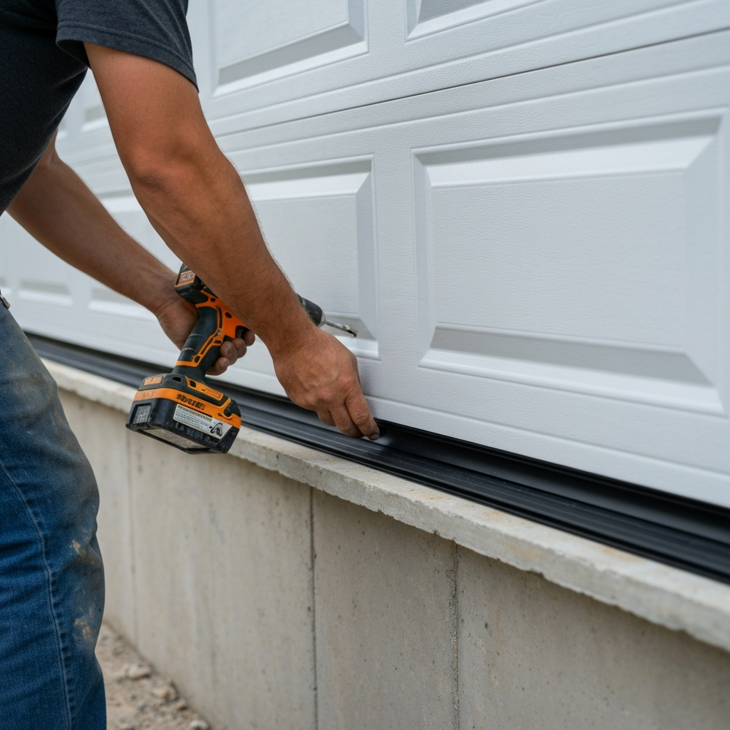 Garage door installation with drill and weather seal