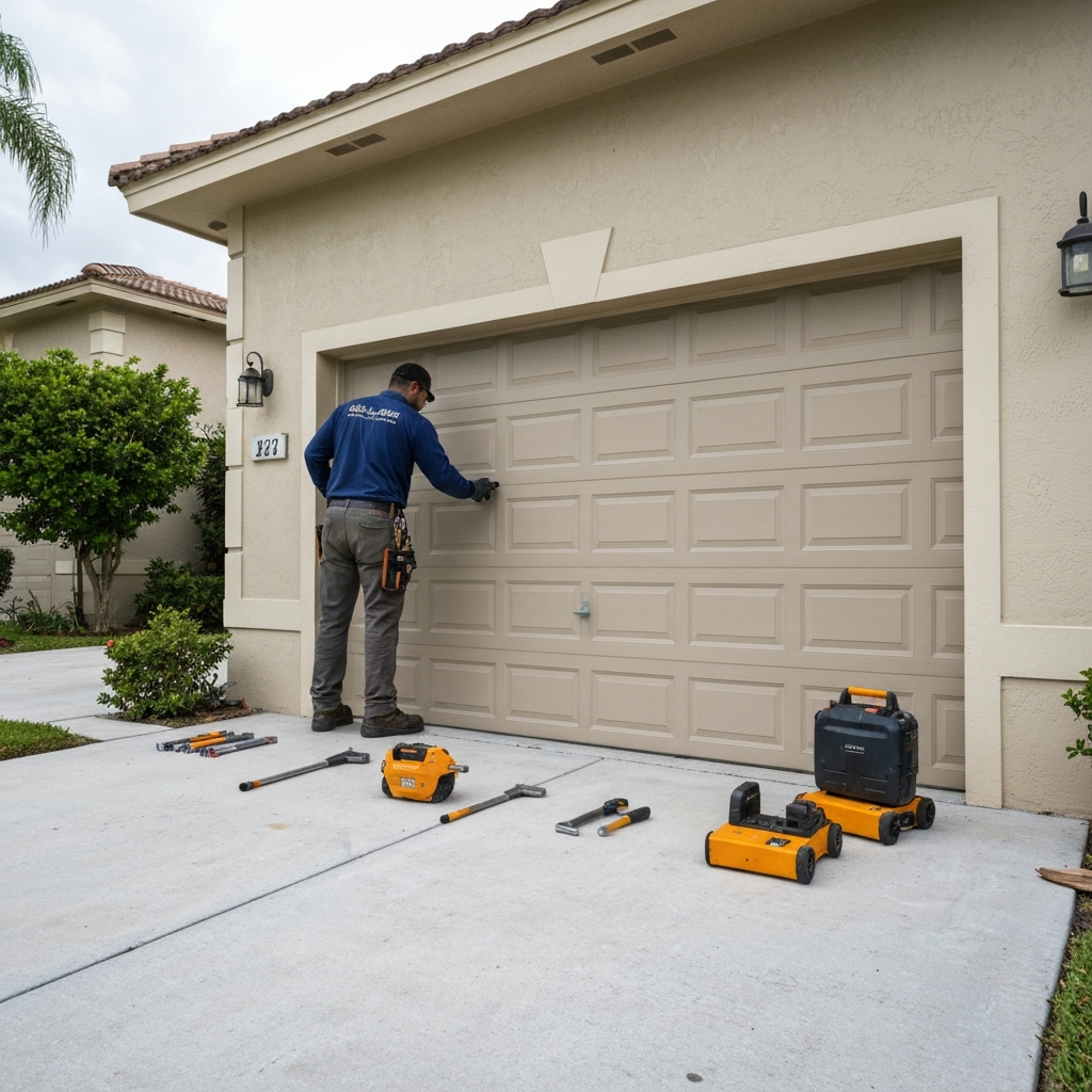 Technician performing garage door parts inspection with tools on driveway. in Boca Pointe, FL