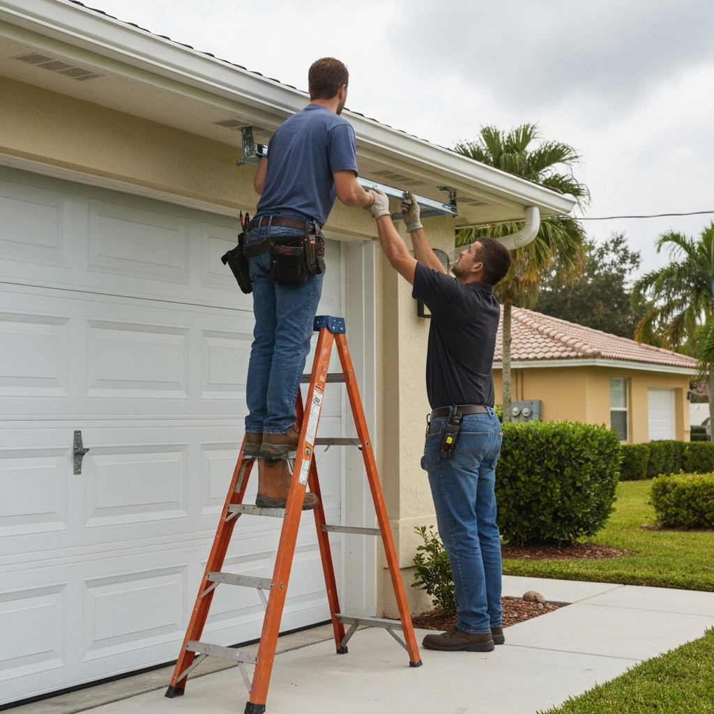 Professionals install garage door parts on a home's exterior. in Boca Raton, FL