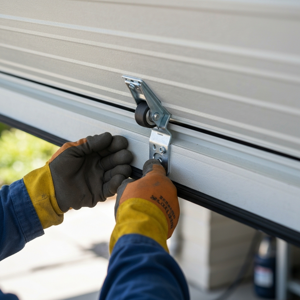 Emergency garage door repair technician tightening roller on track in Boca Pointe, FL